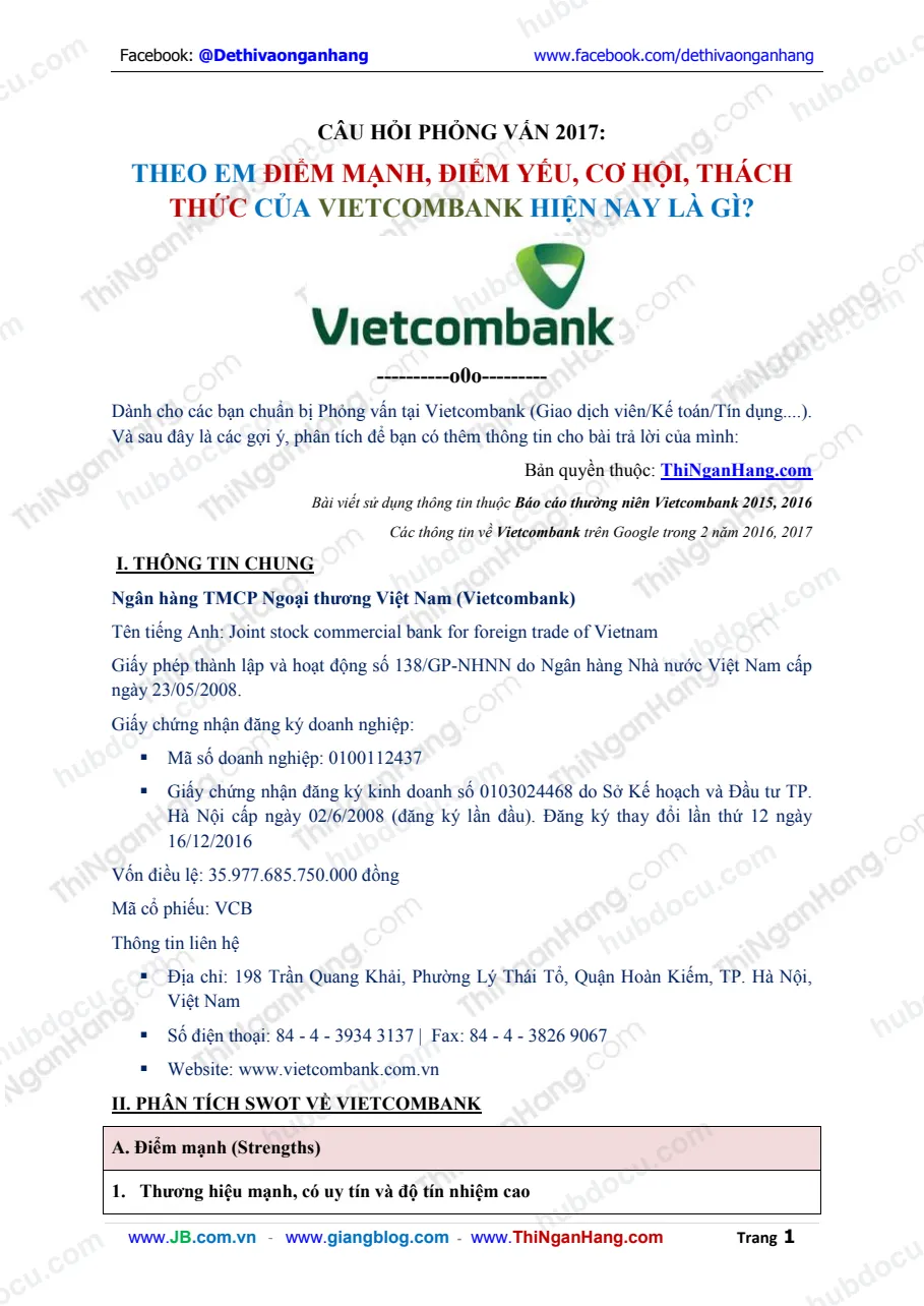 Phân tích Điểm mạnh - Điểm yếu - Cơ hội - Thách thức của Vietcombank 2017 (VCB)