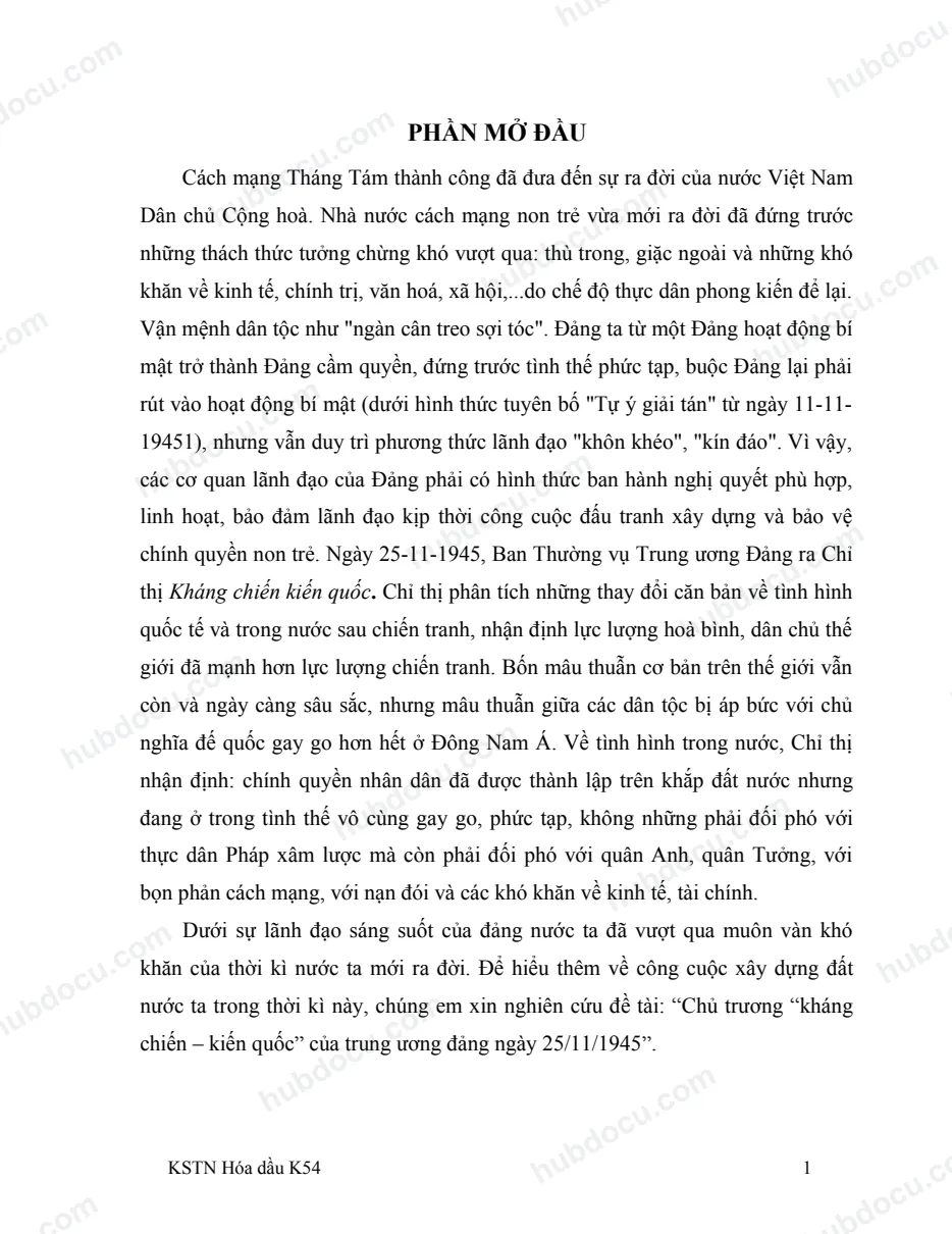 Tiểu luận - Chủ trương “kháng chiến – kiến quốc” của Trung Ương Đảng ngày 25/11/1945