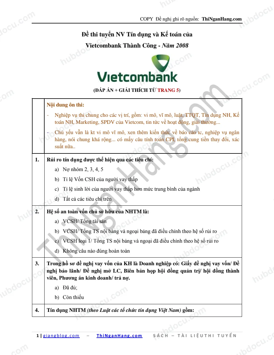 Giải đề Tín dụng-Kế toán vào Vietcombank (VCB) năm 2008
