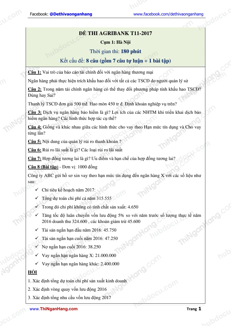 Đáp án Đề thi Tín dụng - Kế toán Agribank T11-2017 - Cụm 1 Hà Nội