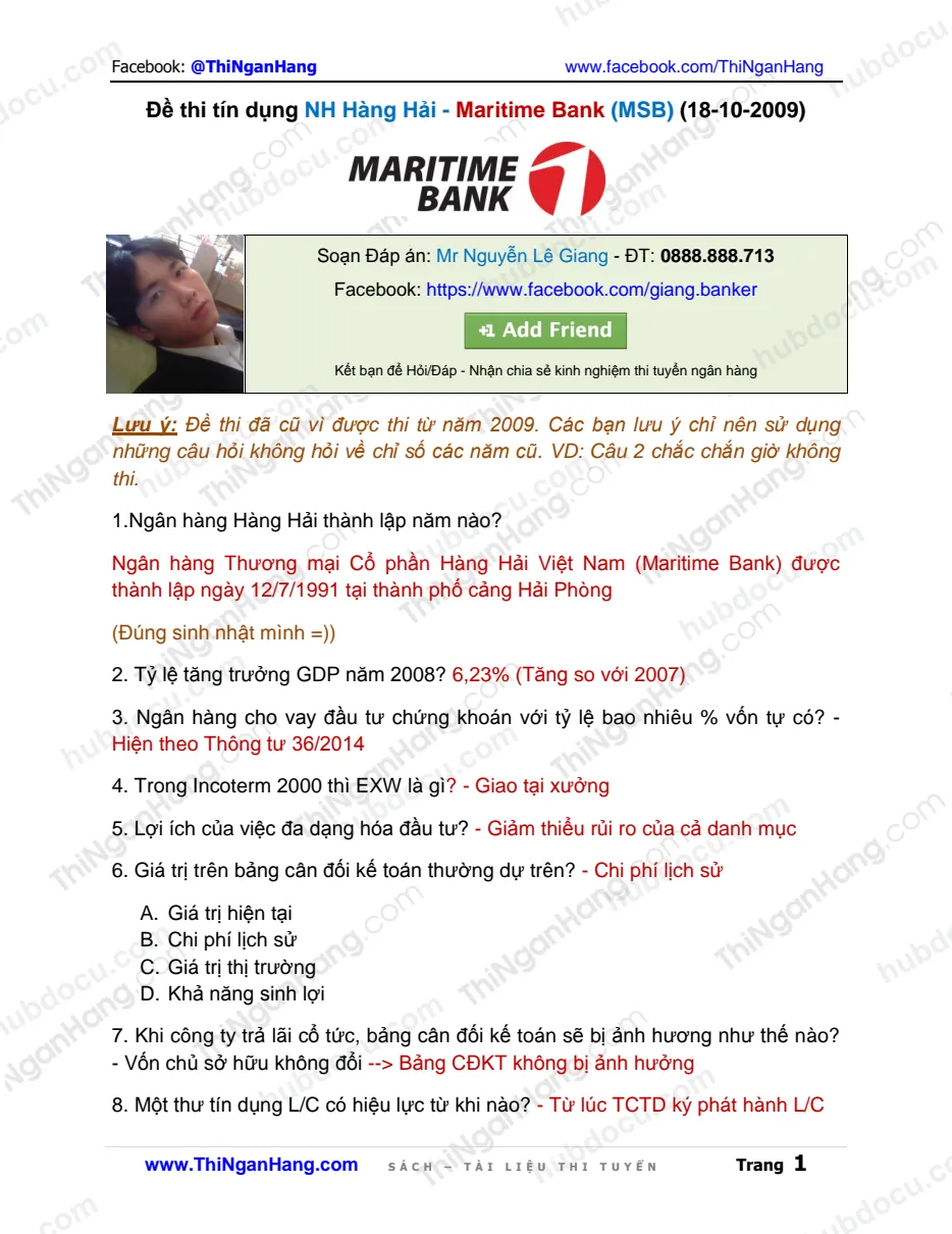 Đề thi tín dụng NH Hàng Hải - Maritime Bank (MSB) (18-10-2009) - Kèm Đáp án