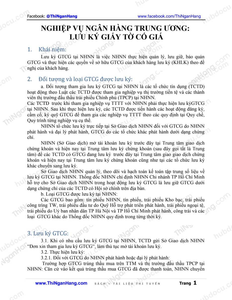 Nghiệp vụ Ngân hàng trung ương: Lưu ký giấy tờ có giá