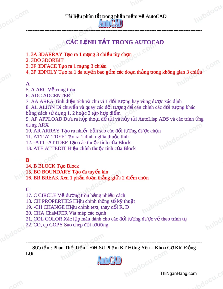 Các lệnh tắt trong AUTOCAD