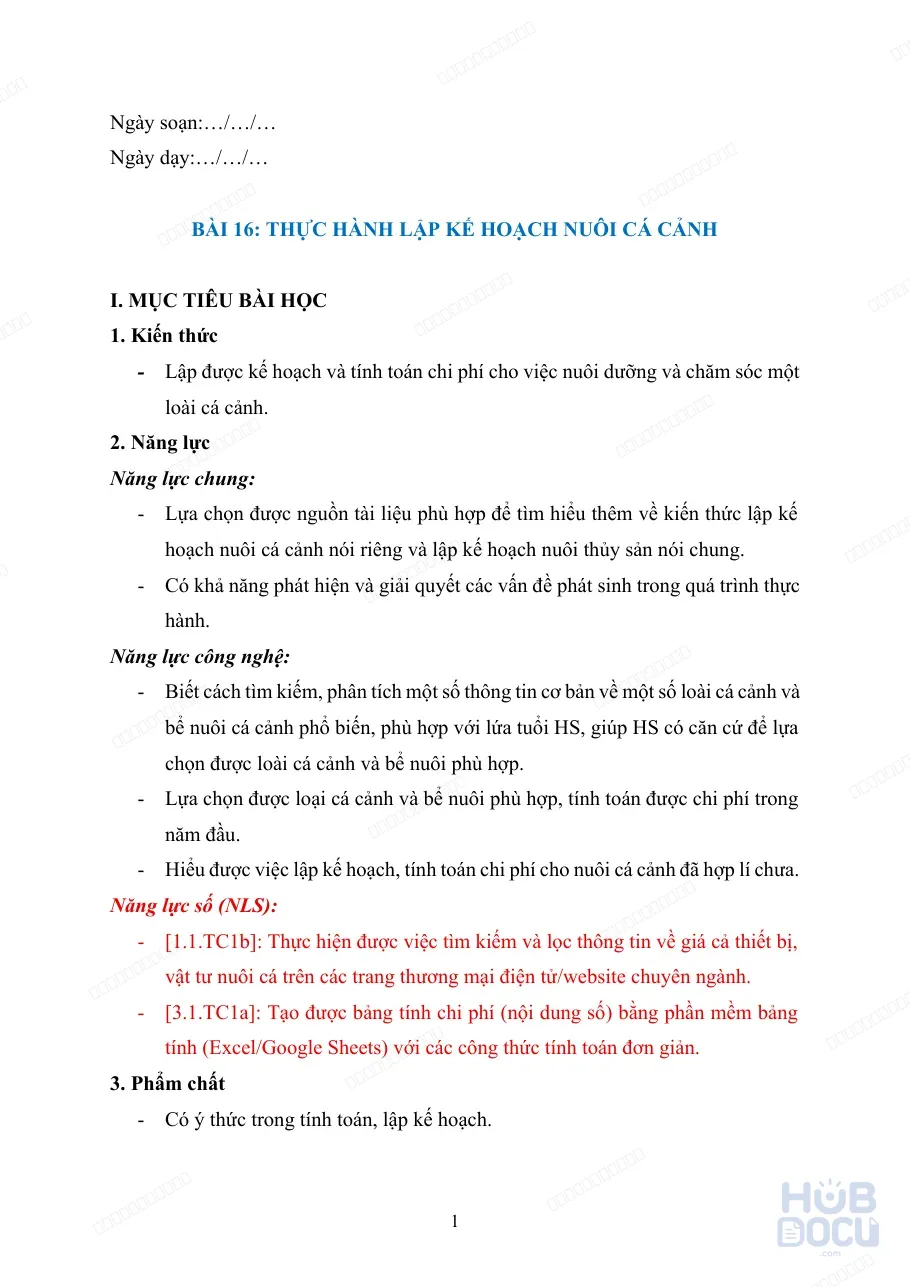 Giáo án Năng lực số (Công nghệ 7) - Bài 16.Thực hành Lập kế hoạch nuôi cá cảnh