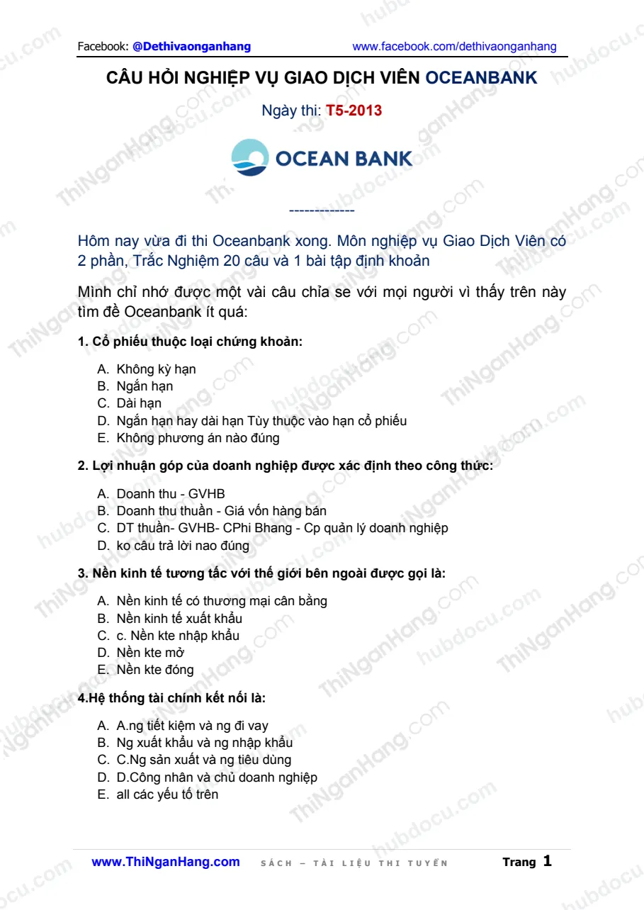 Câu hỏi nghiệp vụ Giao dịch viên - Ngân hàng Oceanbank 5.2013