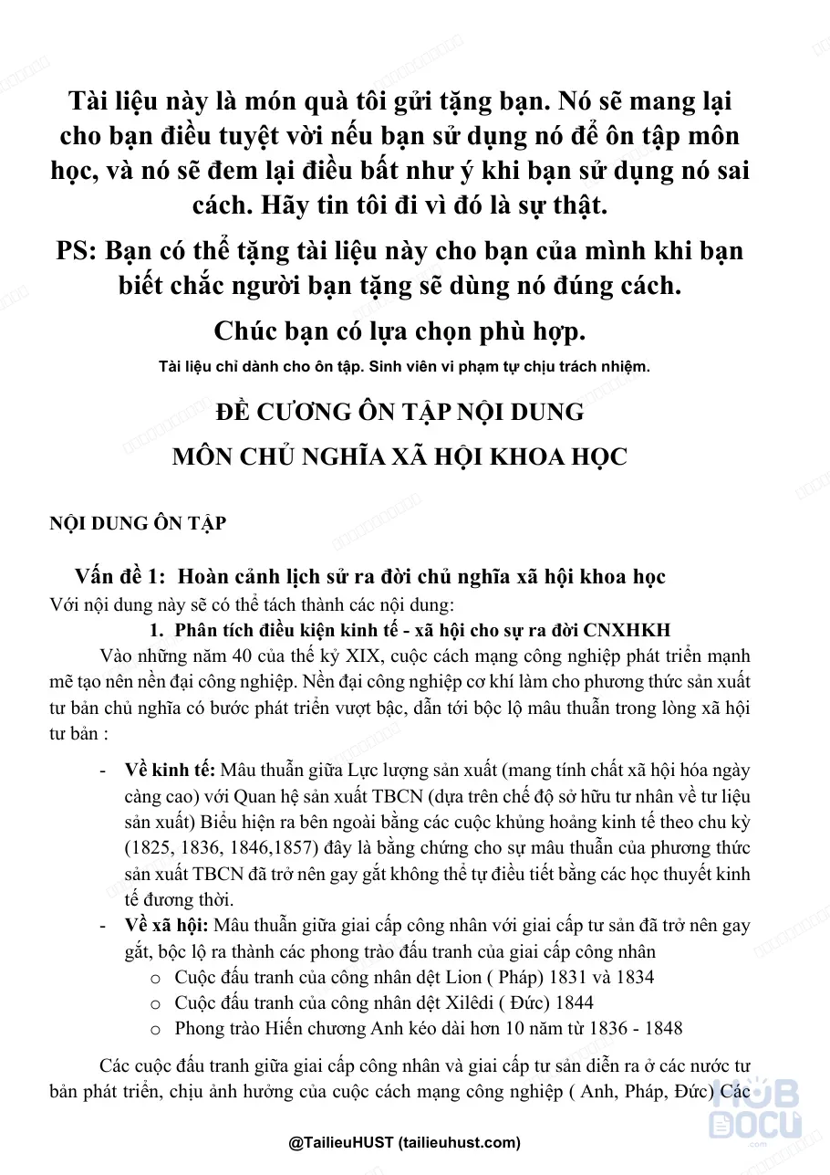 Đề cương ôn tập môn Chủ nghĩa Xã hội Khoa học (HUST)