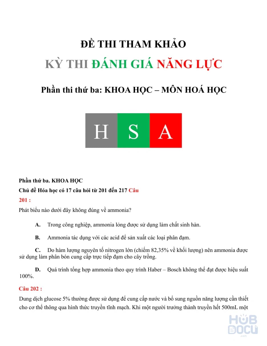 Đánh giá năng lực (HSA) đề 4 - Phần khoa học - Môn hoá học (HS)