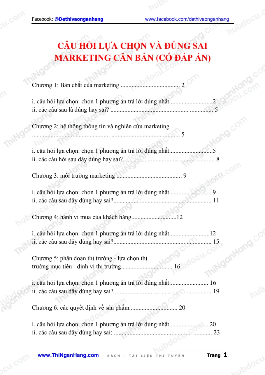 Câu hỏi lựa chọn và Đúng-Sai Marketing căn bản (có đáp án)