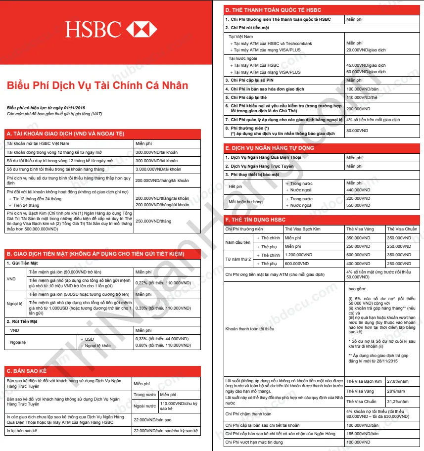 HSBC PFS Tariff - Biểu phí dịch vụ Tài chính cá nhân (song ngữ Việt - Anh)