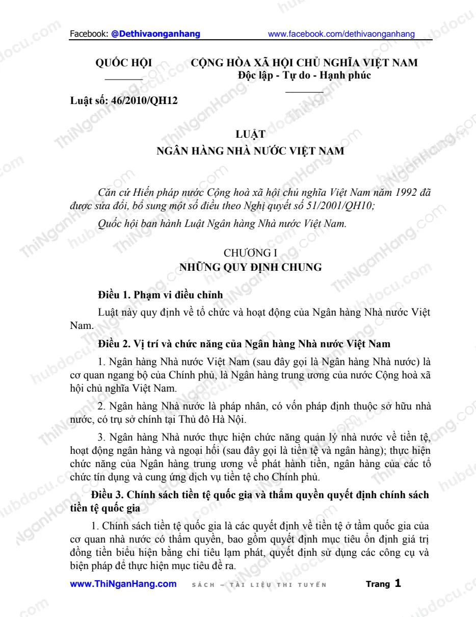Luật Ngân hàng Nhà nước 46-2010-QH12 (ngày 16-6-2010)