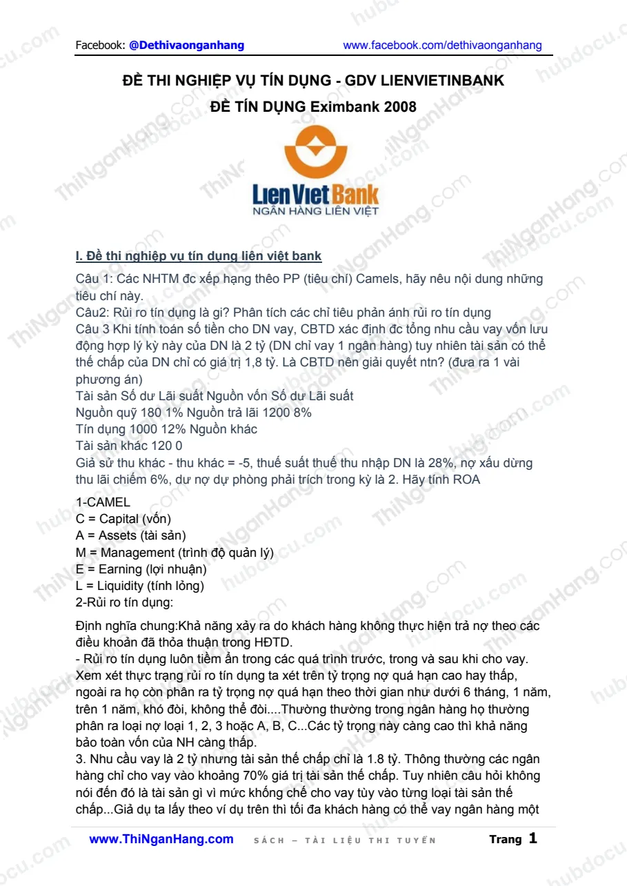 Đề thi Tín dụng & GDV LienVietBank, Tín dụng Eximbank 2008