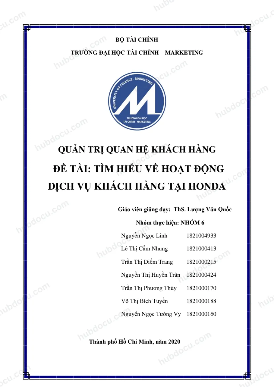 Tiểu luận - QUẢN TRỊ QUAN HỆ KHÁCH HÀNG - Tìm hiểu về dịch vụ hoạt động tại Honda