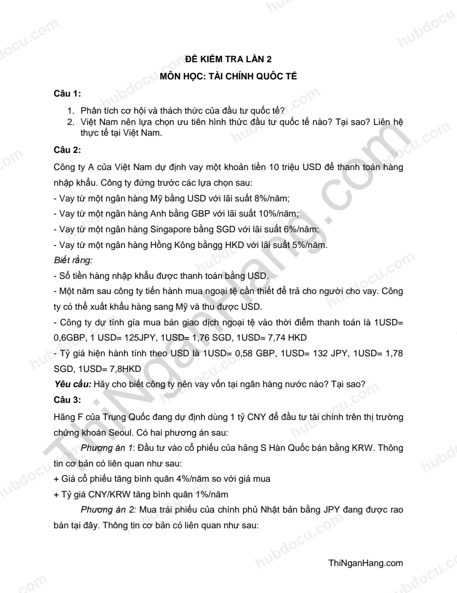 Đề kiểm tra - Môn Tài chính quốc tế (kèm Đáp án)