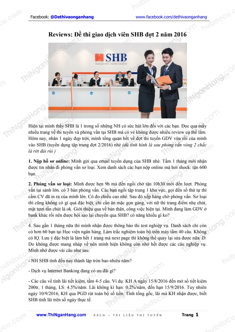 Reviews: Đề thi Giao dịch viên (GDV) SHB Đợt 2 năm 2016