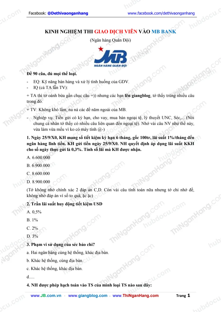 Kinh nghiệm thi tuyển Giao dịch viên (GDV) MB Bank