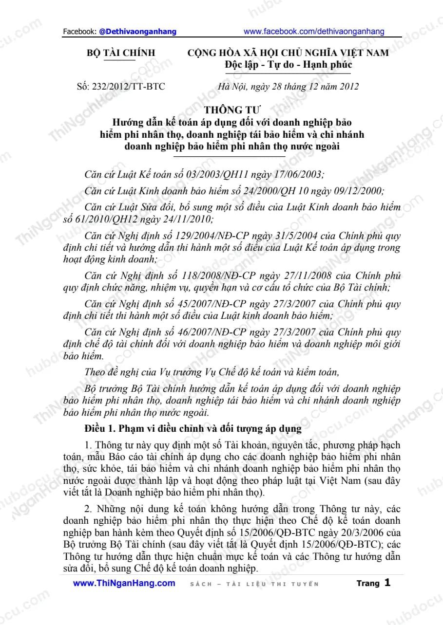 TT 232-2012 - Chế độ Kế toán áp dụng đối với DN bảo hiểm phi nhân thọ, DN tái bảo hiểm trong nước và nước ngoài