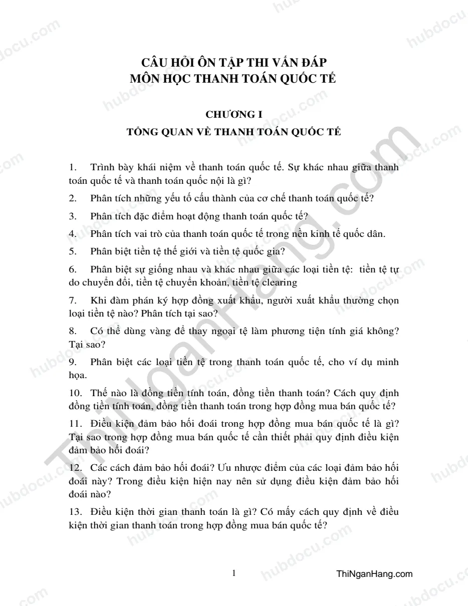Bộ câu hỏi ôn thi vấn đáp Thanh toán quốc tế