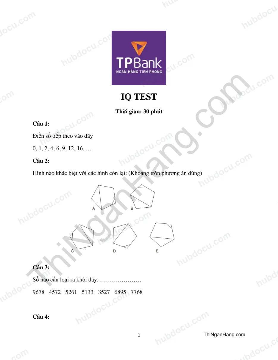 Đề thi test IQ vào ngân hàng TienPhongBank (TPBank)