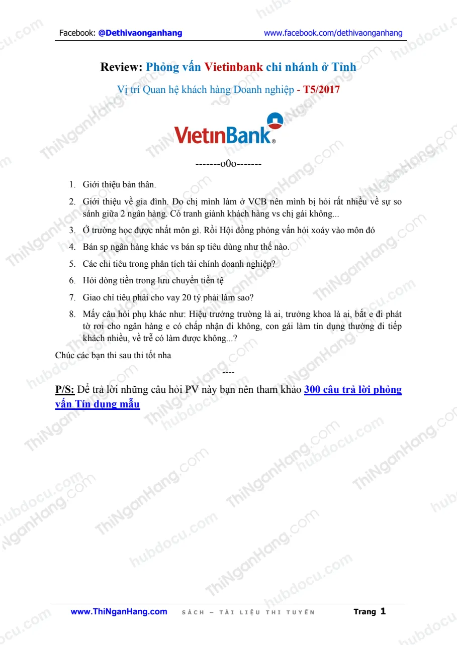 Reviews: Phỏng vấn Tín dụng doanh nghiệp Vietinbank chi nhánh Tỉnh