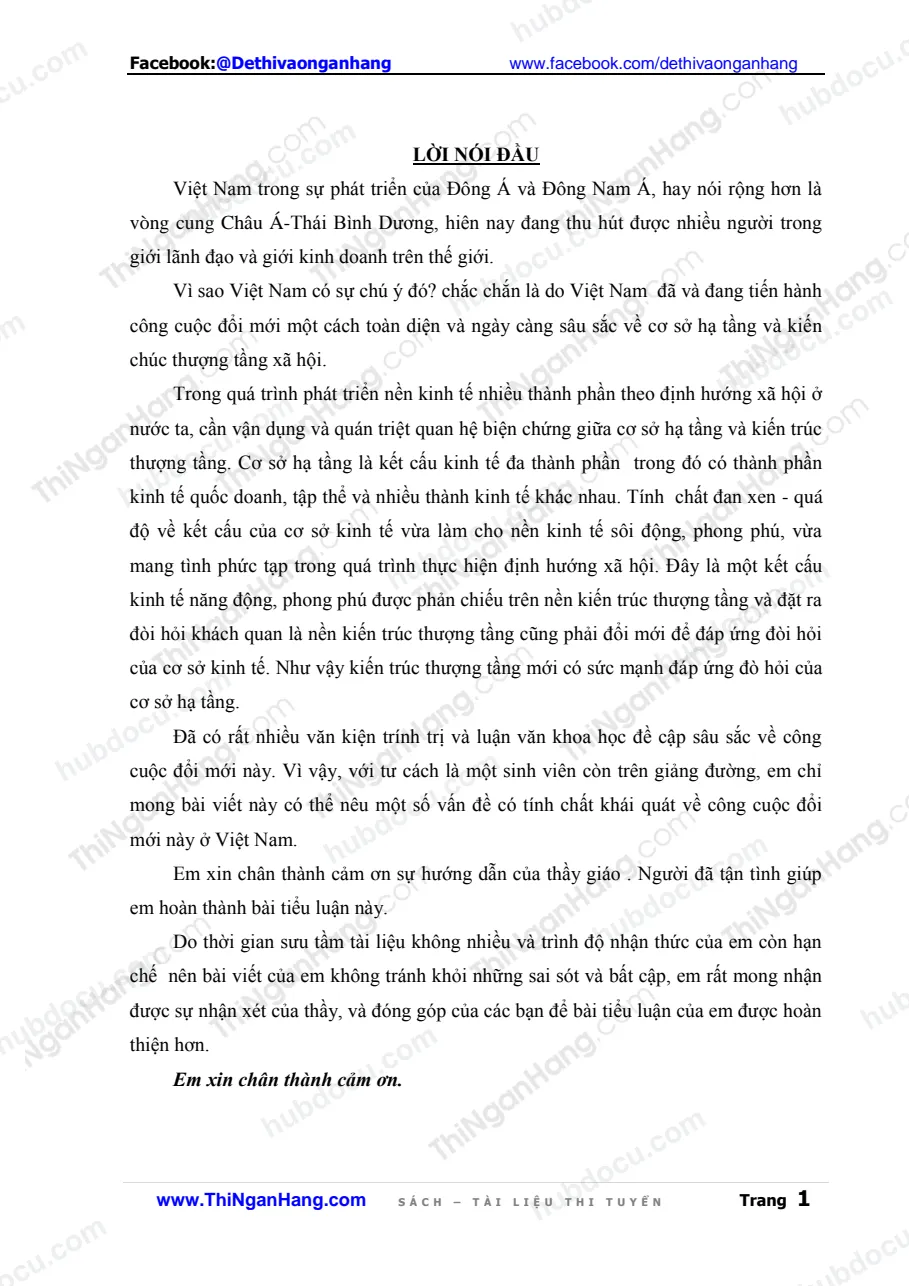 Tiểu luận - Mối quan hệ biện chứng giữa Cơ sở hạ tầng và Kiến trúc thượng tầng trong thời kỳ quá độ lên CNXH ở nước ta