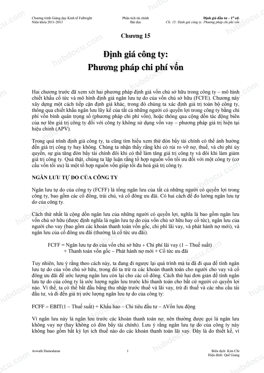 Định giá công ty: Phương pháp chi phí vốn - Full Bright