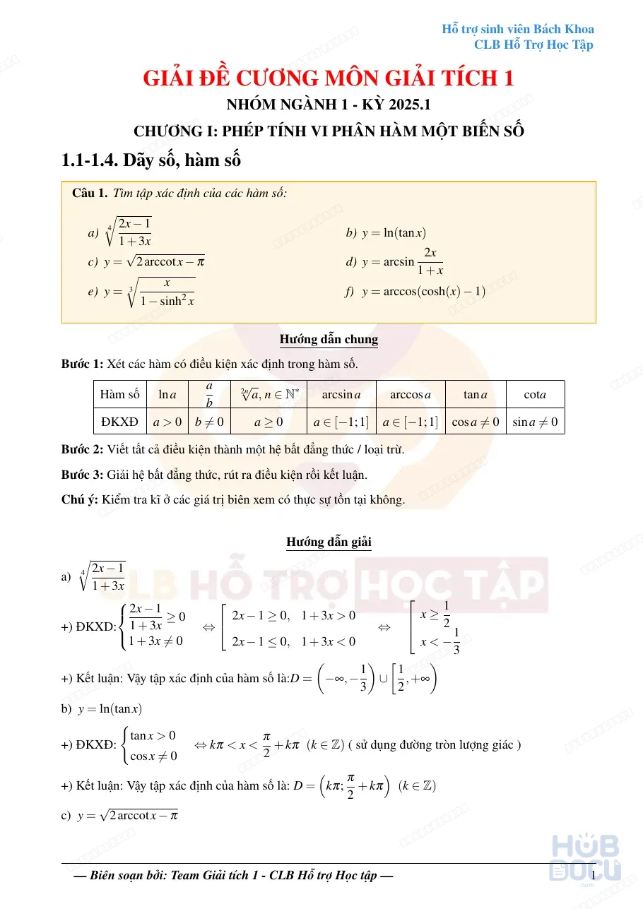Giải Đề cương Giải tích 1 - Chương 1 (CLB HTHT 2025)