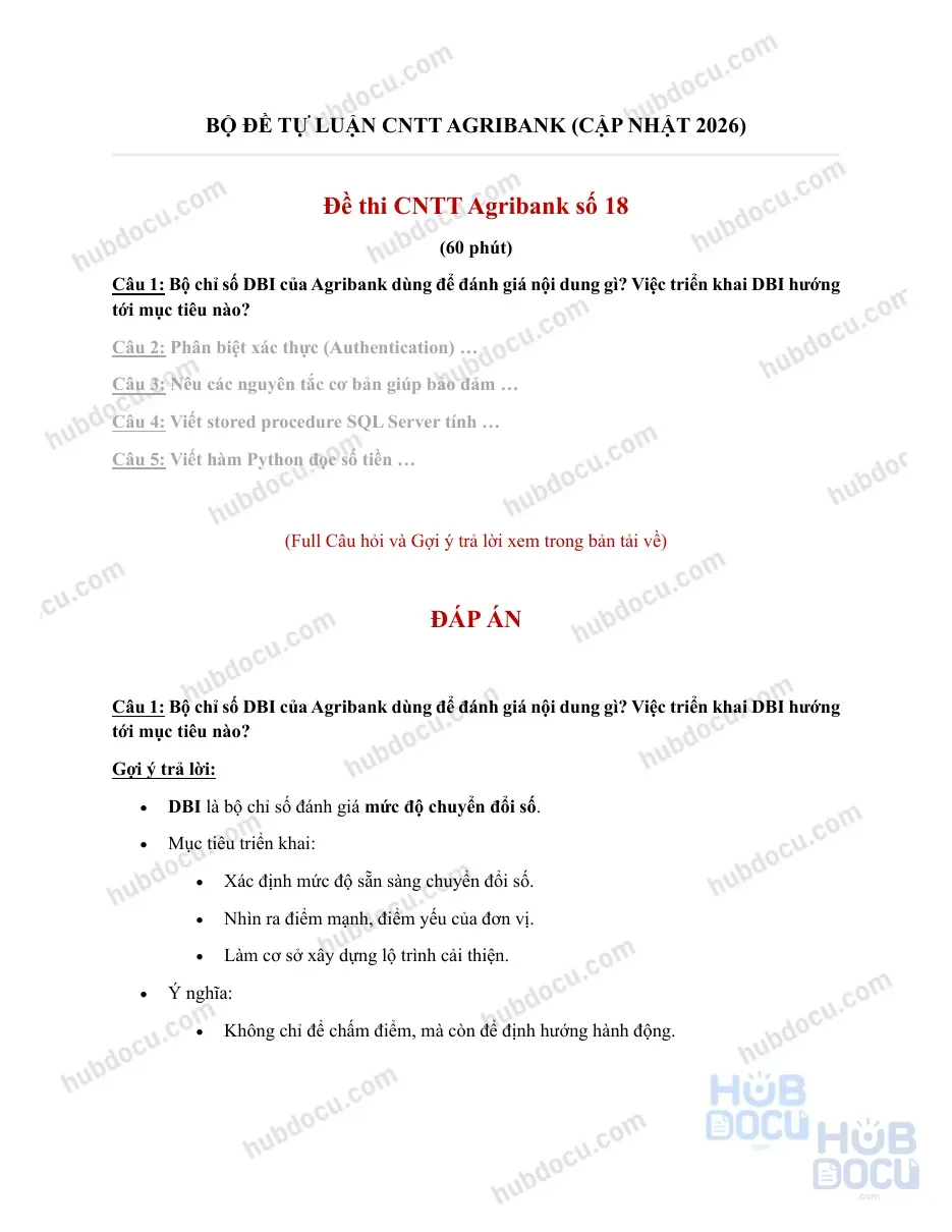 Đề 18 - Đề thi thử CNTT Agribank 2026 (Ban Ngân hàng số)