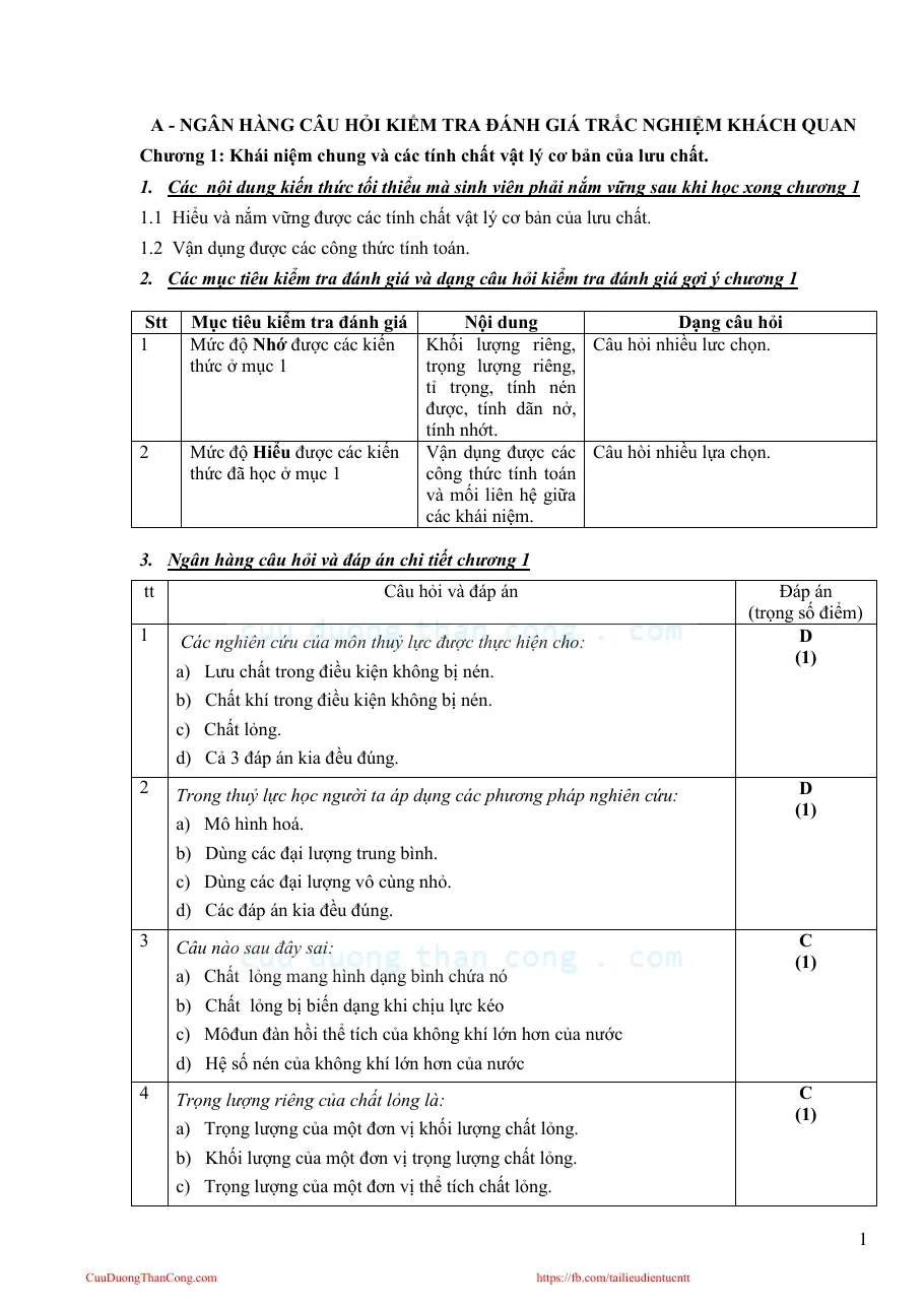 Ngân hàng câu hỏi kiểm tra đánh giá trắc nghiệm khách quan chương 1 (Chương 1) (Có đáp án)