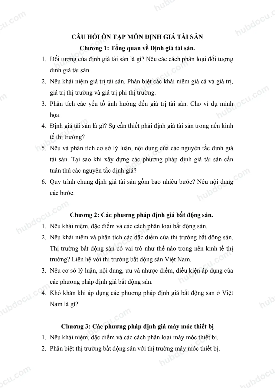 Câu hỏi ôn tập môn Định giá (5 Chương)