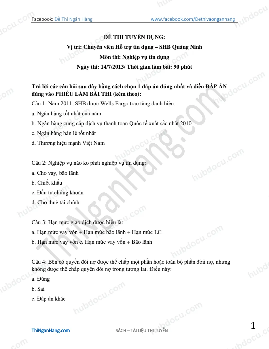 Để thi Chuyên viên Hỗ trợ tín dụng - SHB Quảng Ninh