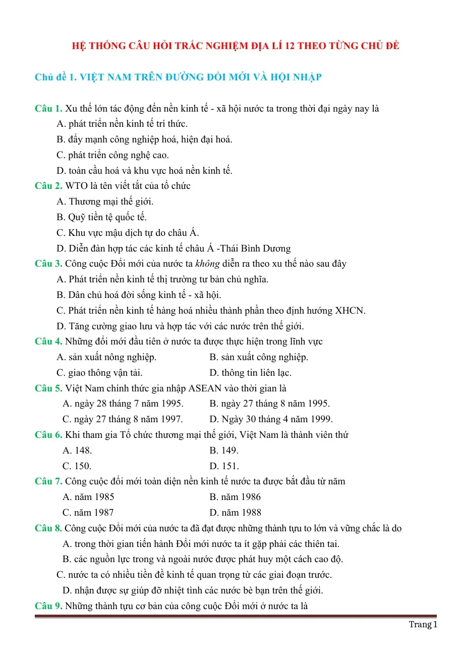 1050 Câu Trắc Nghiệm Địa Lí 12 Theo Từng Chủ Đề Có Đáp Án (Chủ đề 1. VIỆT NAM TRÊN ĐƯỜNG ĐỔI MỚI VÀ HỘI NHẬP) (Có đáp án)