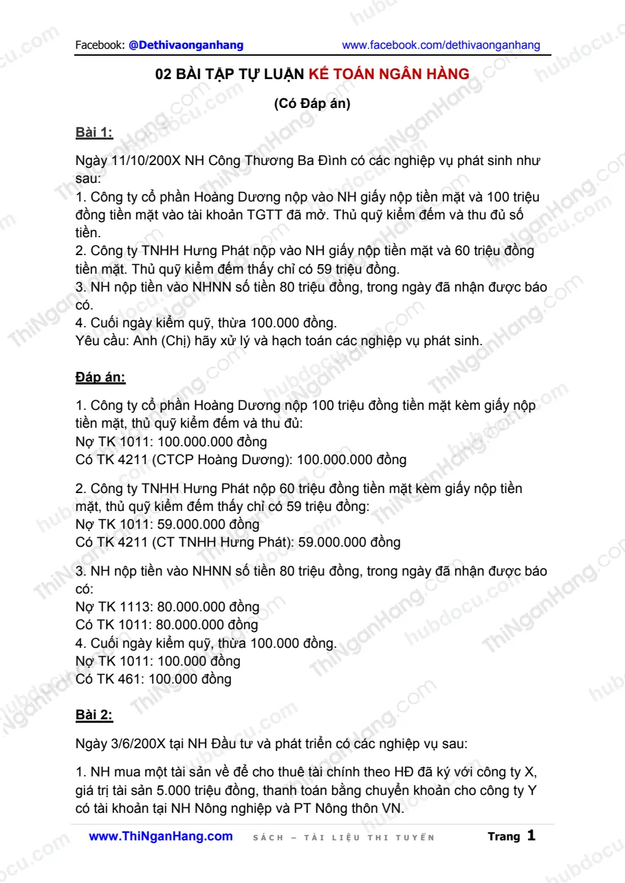 2 bài tập tự luận Kế toán ngân hàng (có bài giải)