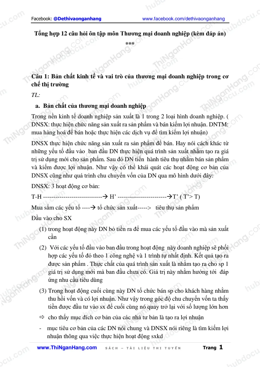Tổng hợp 12 câu hỏi môn Thương mại doanh nghiệp (có đáp án)
