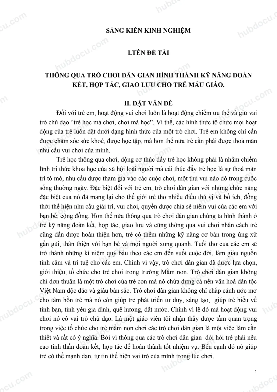 Sáng kiến kinh nghiệm_ Thông Qua Trò Chơi Dân Gian Hình Thành Kỹ Năng Đoàn Kết, Hợp Tác, Giao Lưu Cho Trẻ Mẫu Giáo