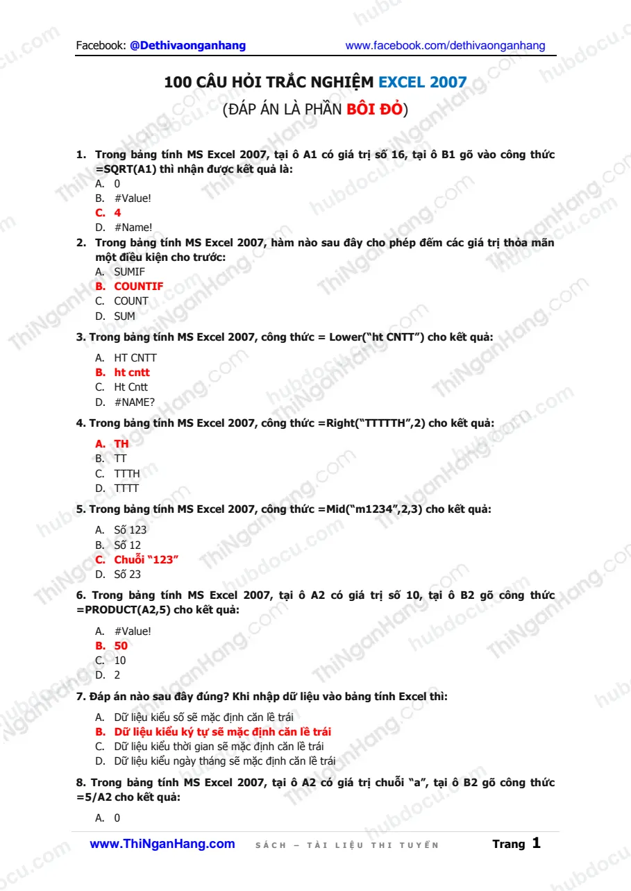 Đáp án 100 câu trắc nghiệm Excel 2007 - Thi Tin học Agribank