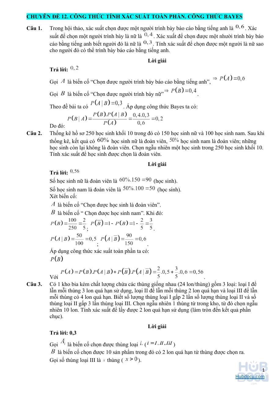 Toán thực tế 12 - Chuyên đề 12. Công thức Bayes (Bài tập + Đáp án)