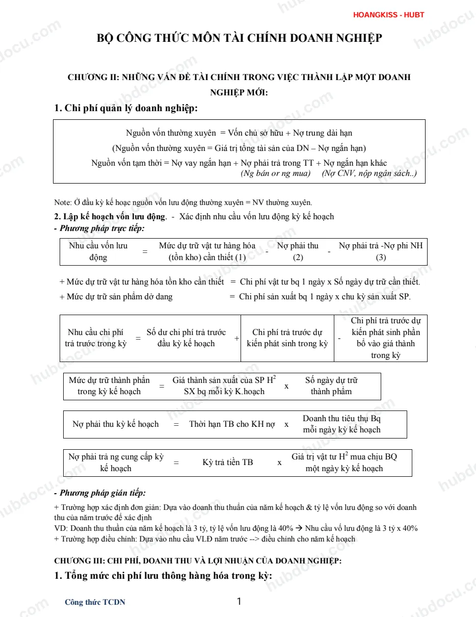 Bộ công thức môn Tài chính doanh nghiệp - Chương 2