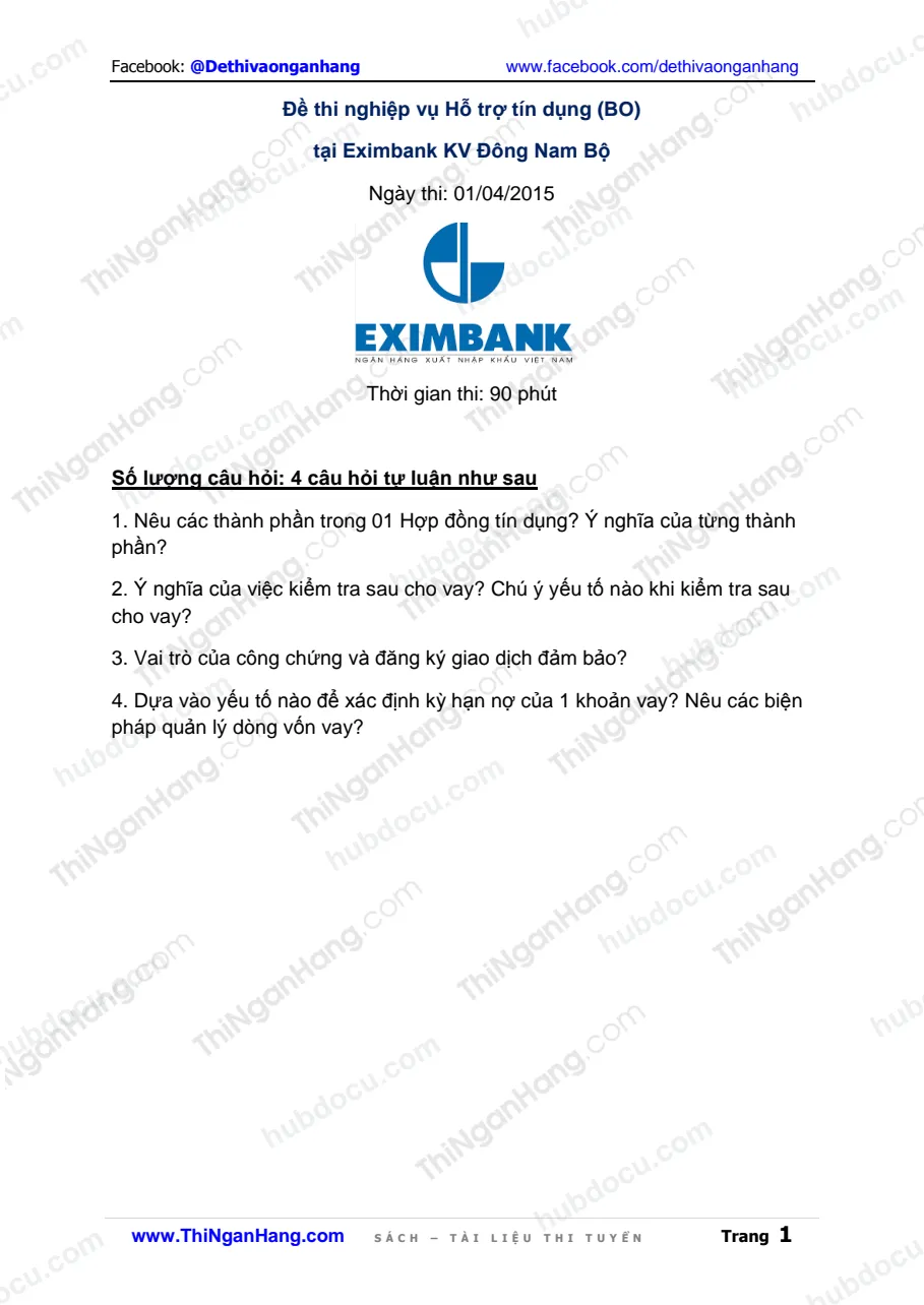 Đề thi nghiệp vụ Hỗ trợ tín dụng (BO) tại Eximbank KV Đông Nam Bộ