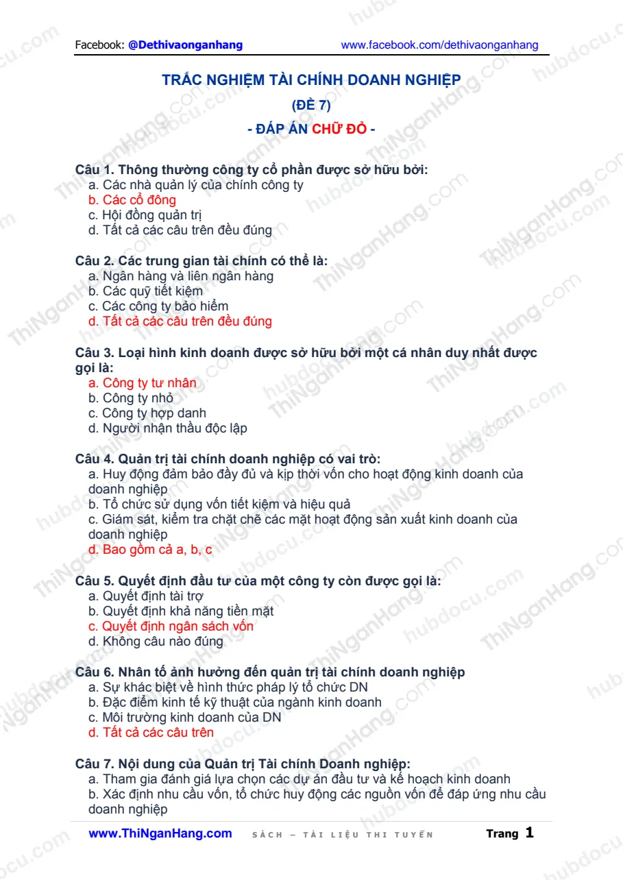Trắc nghiệm Tài chính doanh nghiệp (TCDN) - Đề 7 (kèm Đáp án)