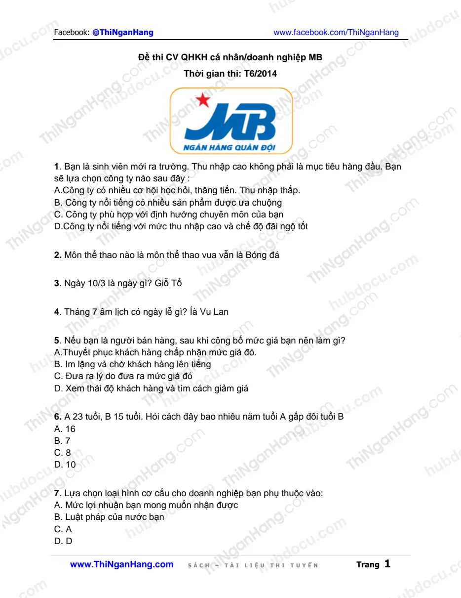 Đề thi CV QHKH cá nhân - doanh nghiệp MB (Tháng 6-2014)