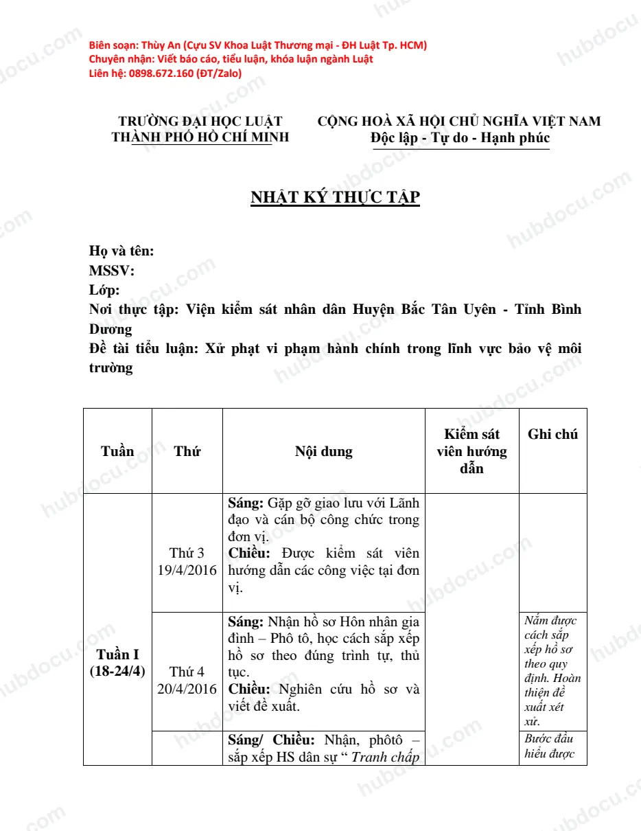 Nhật ký thực tập ngành Luật
