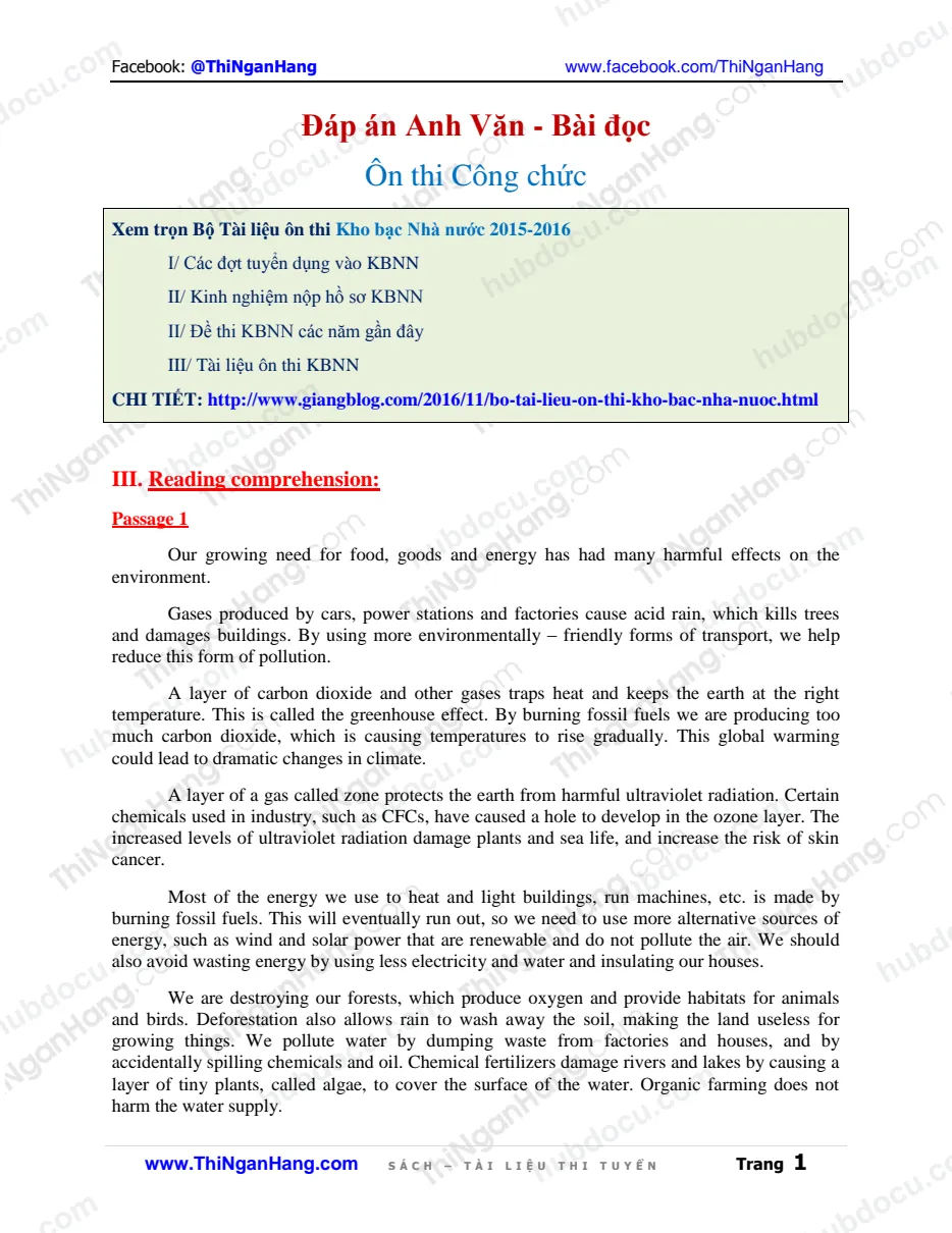 Đáp án Anh văn - Bài đọc (Reading Comprehension) - Ôn thi Công chức