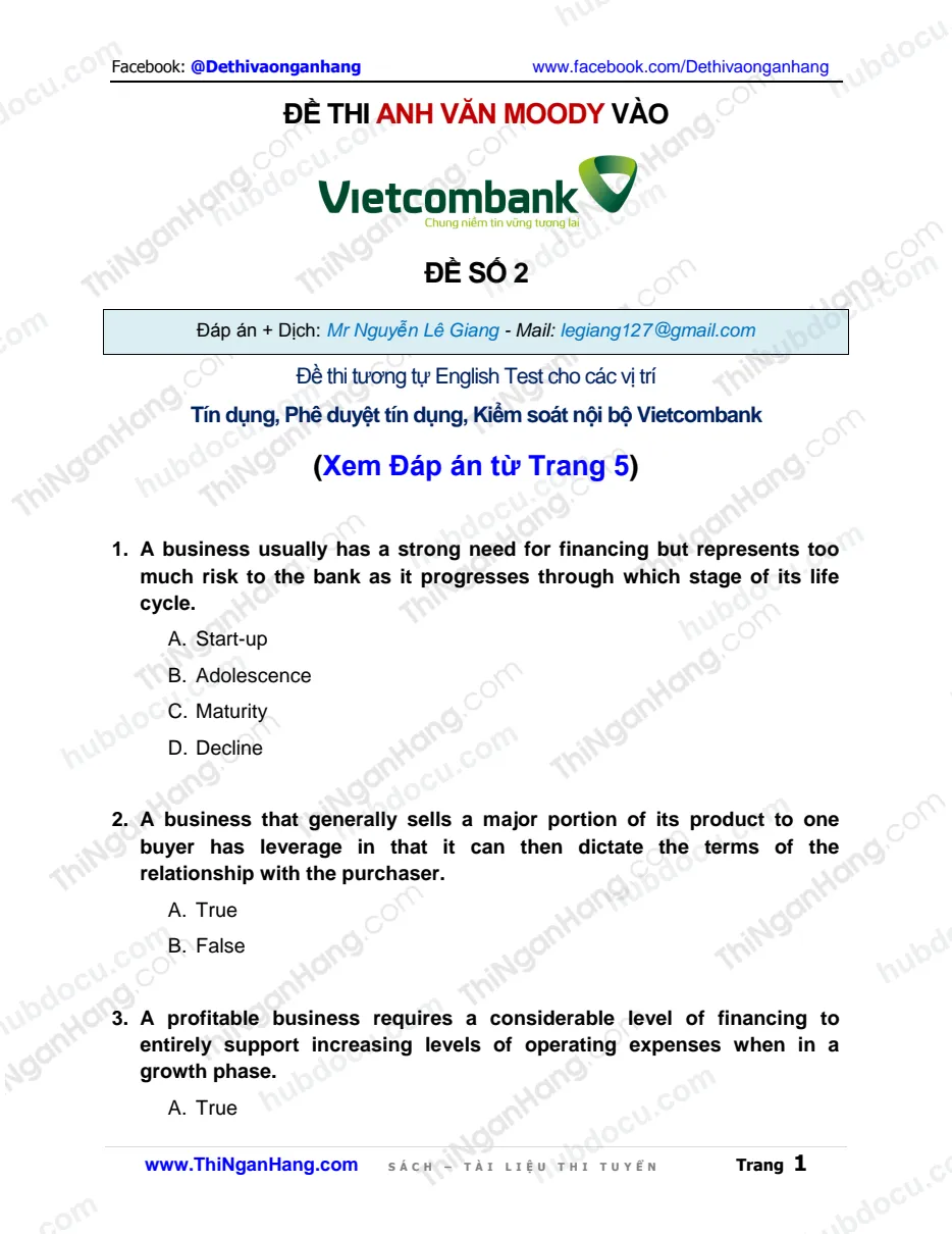 Đề thi Anh Văn Moody Vietcombank - Đề số 2 (kèm Đáp án và Giải thích)