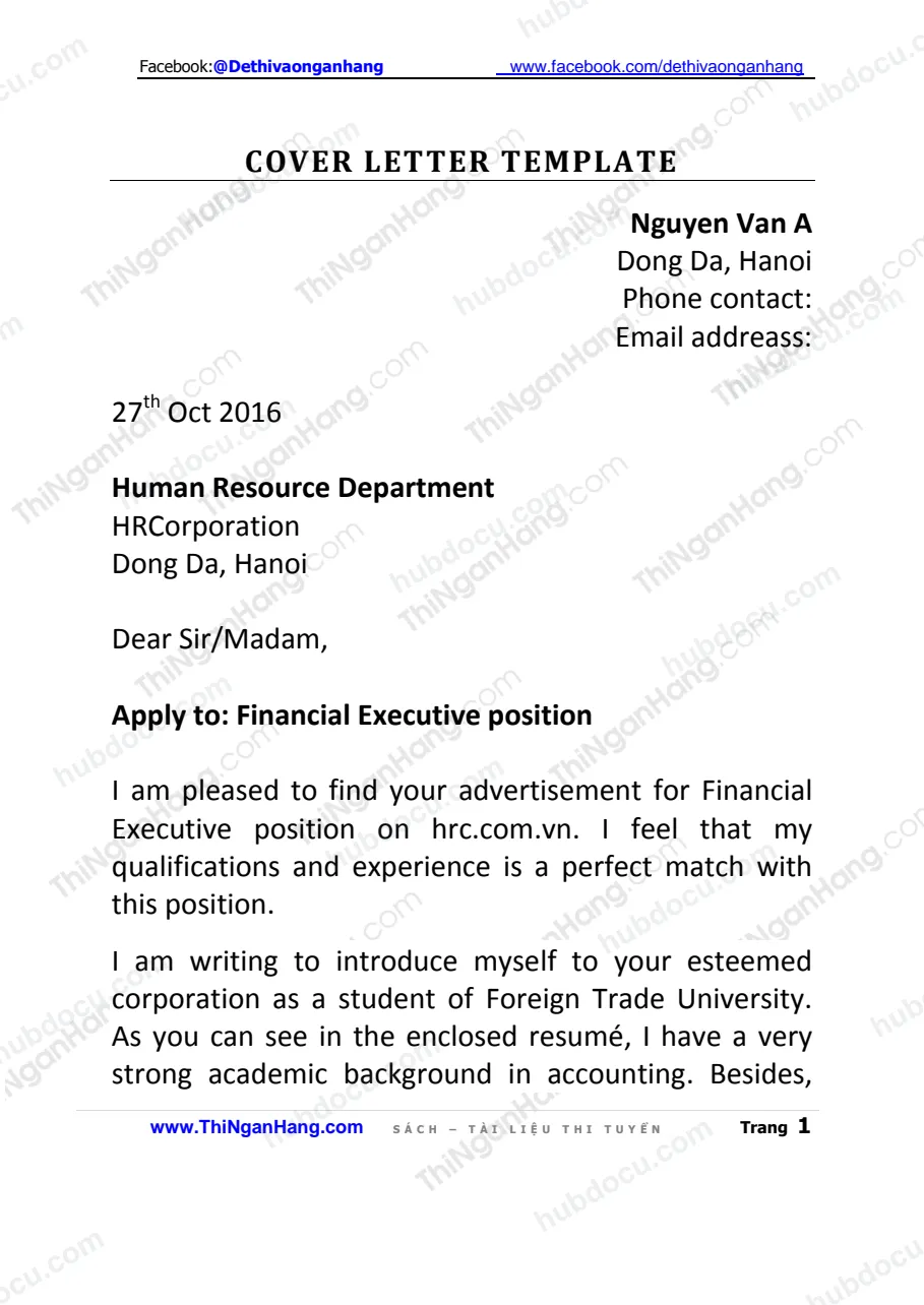 Mẫu Cover Letter tiếng Anh: Ngành tài chính