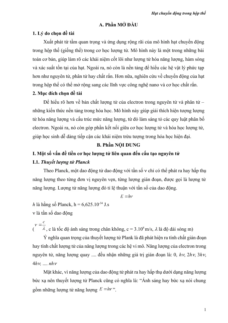 Bồi dưỡng HSG Hóa - Chuyên đề: Hạt chuyển động trong hộp thế