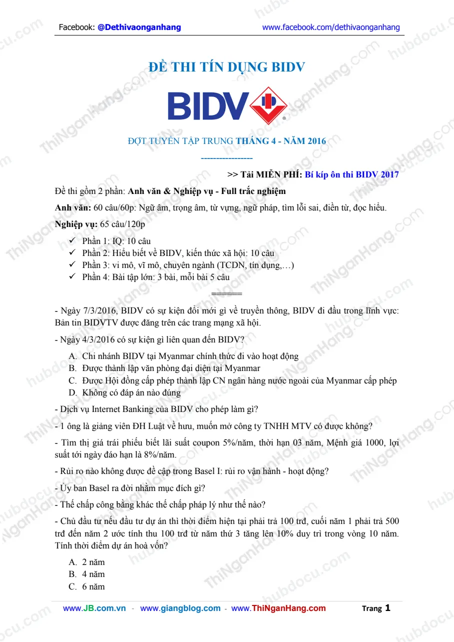 Đề thi Tín dụng BIDV tháng 4 - 2016 (Tuyển tập trung)