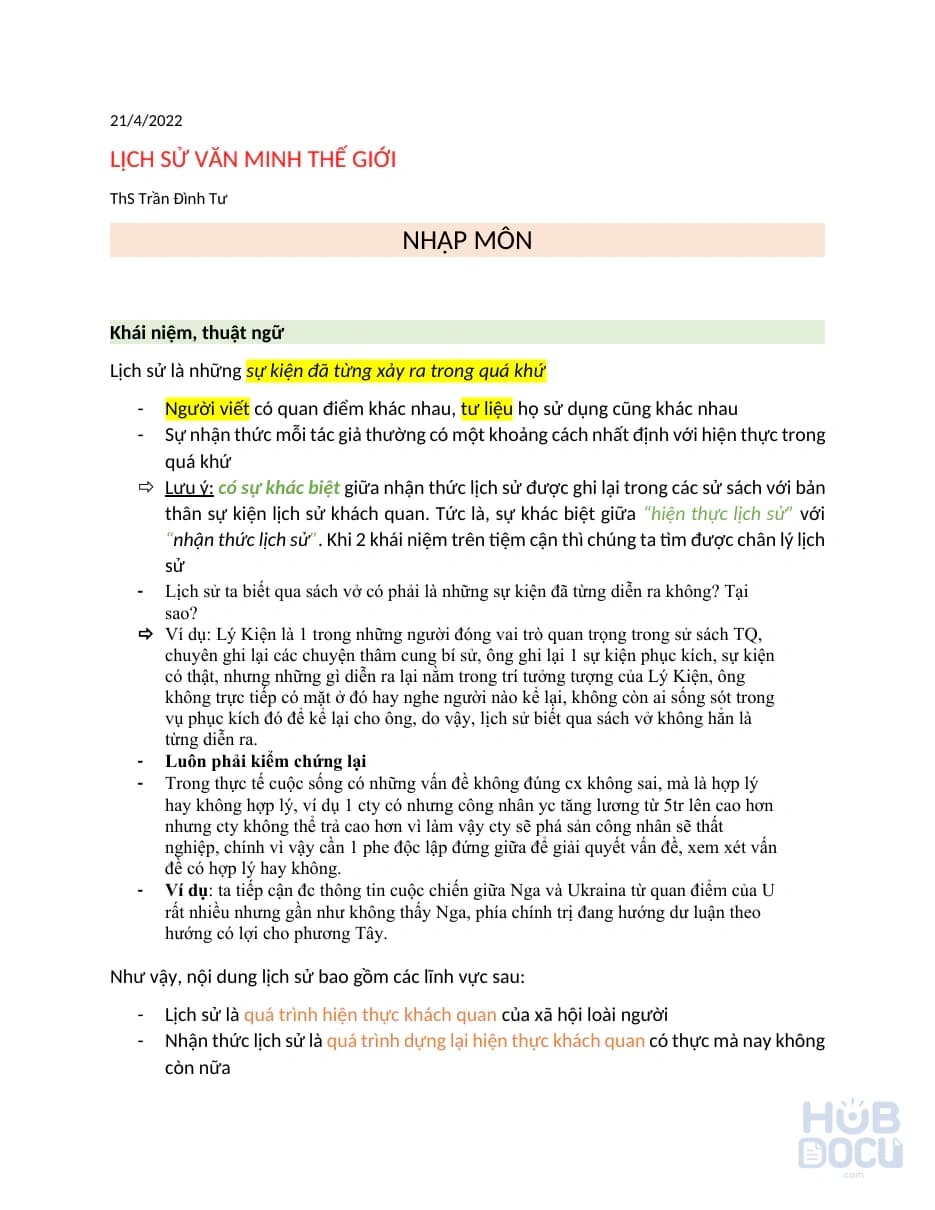 Đề cương Lịch sử văn minh thế giới - ThS.Trần Đình Tư