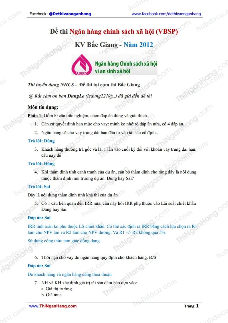 Đáp án Đề thi Ngân hàng Chính sách xã hội (VBSP) Bắc Giang 2012