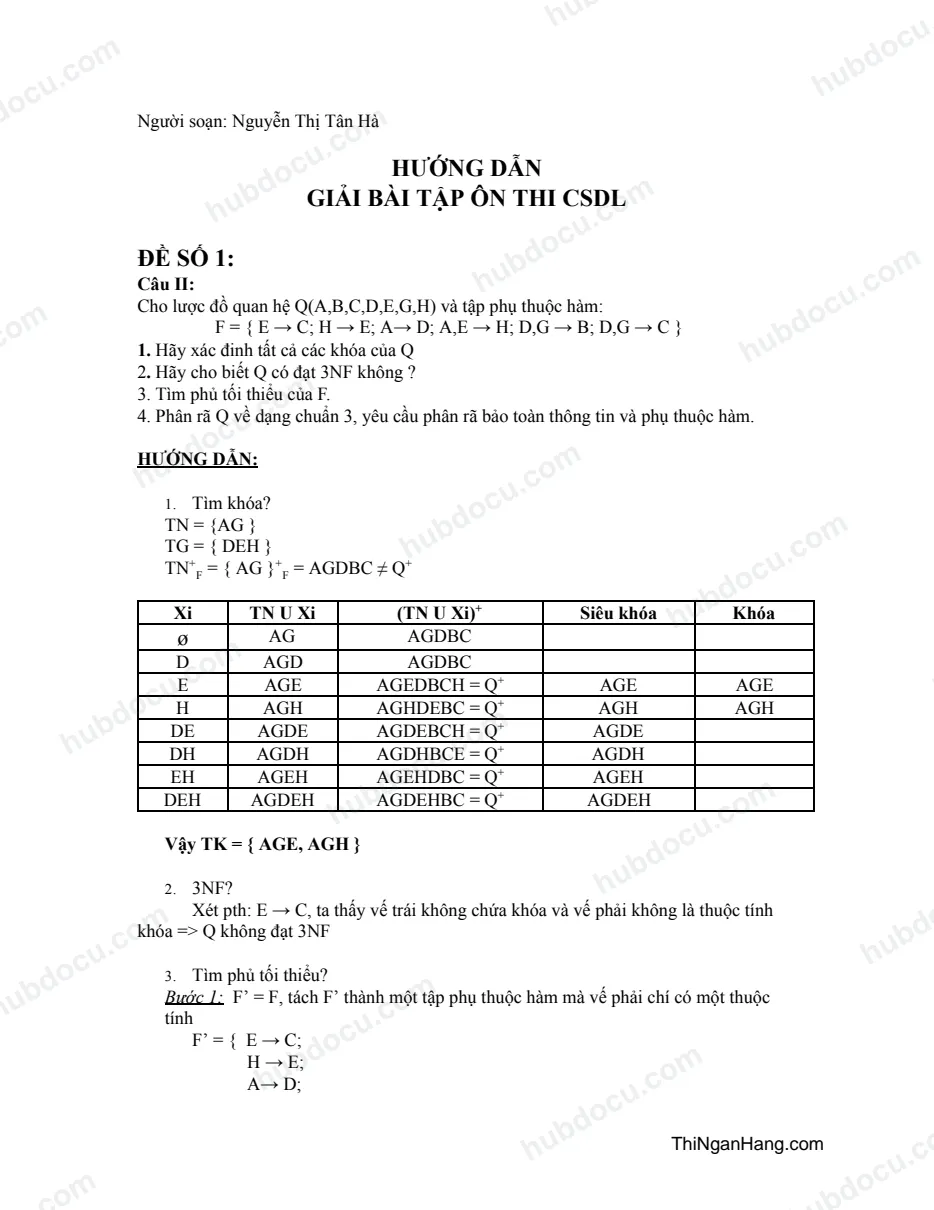Hướng dẫn giải bài tập ôn thi Cơ sở dữ liệu