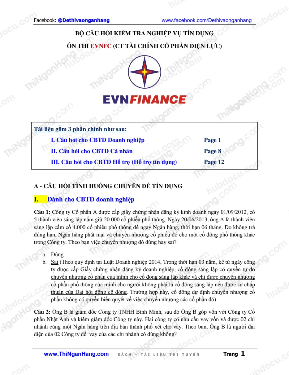Bộ câu hỏi nghiệp vụ Tín dụng ôn thi EVNFC (CT Tài chính cổ phần Điện lực)